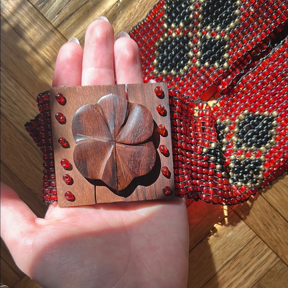 Beaded Red and Black Belt with Wooden Closure